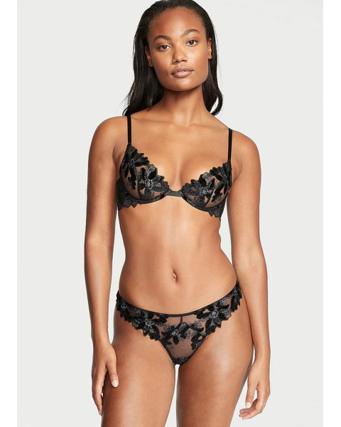 Жіночі трусики стринги Victoria's Secret Floral Velvet Embroidery чорні з оксамитовою вишивкою та сіточкою