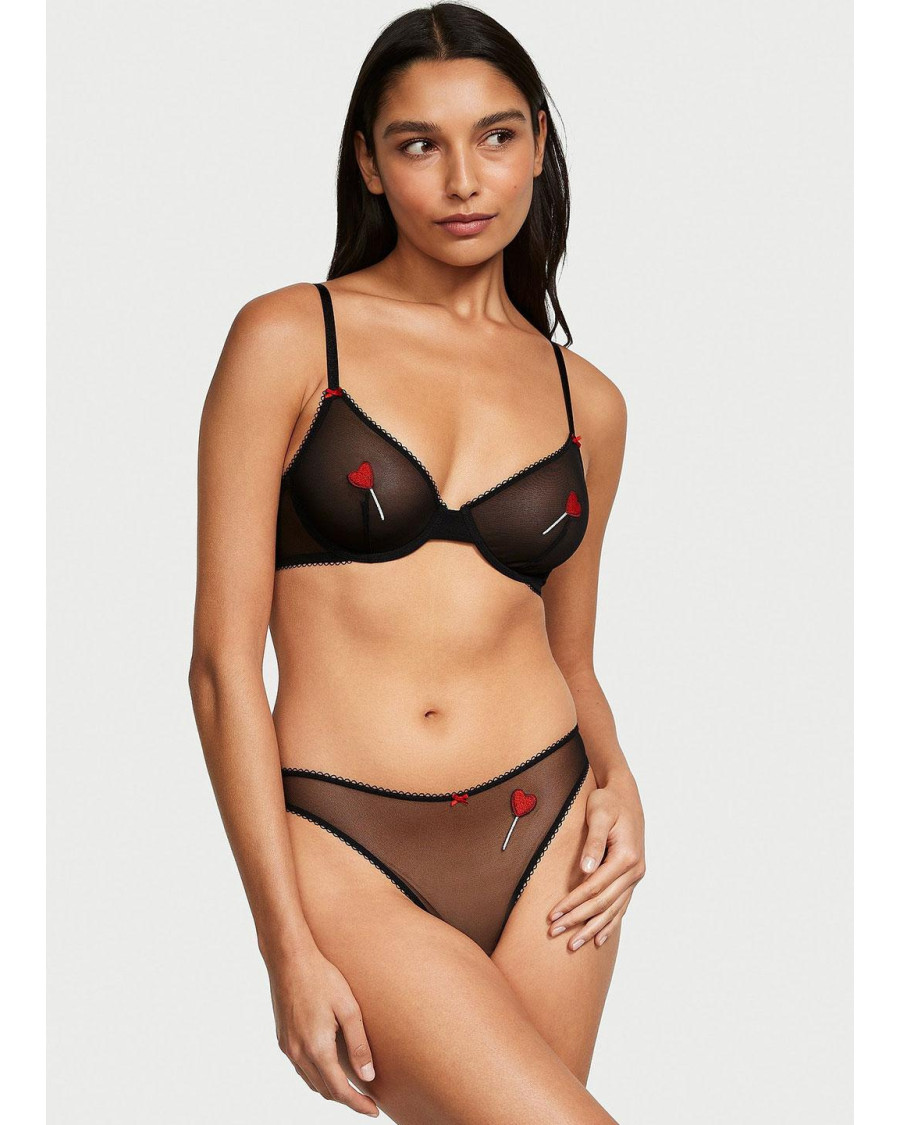 Комплект жіночої білизни Victoria's Secret Tease Unlined Demi Bra Black Lollipops чорний із сердечками (бюстгальтер та трусики)