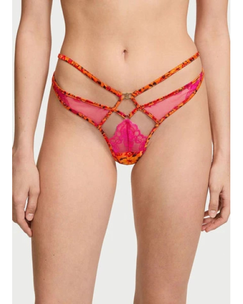 Жіночі трусики стринги Victoria's Secret Tropical Satin Lace High-Leg Strappy Thong помаранчево-рожеві сатинові