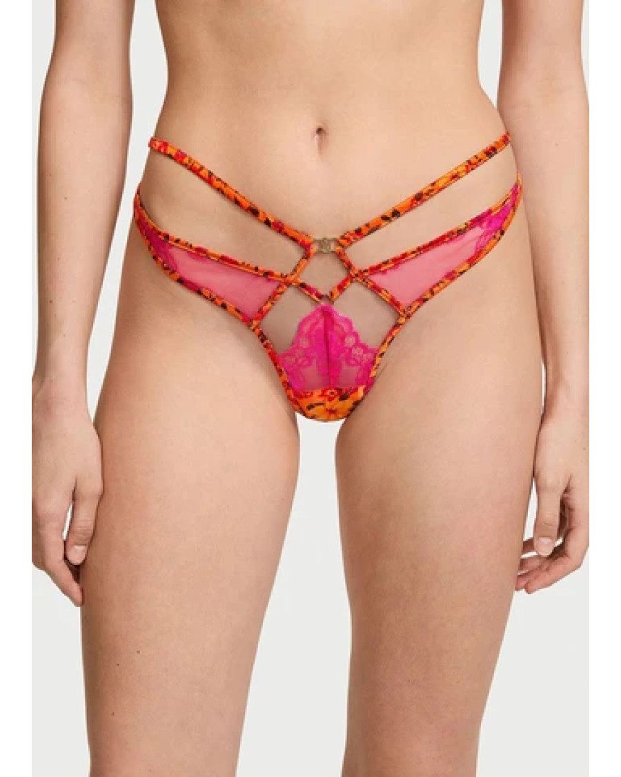 Жіночі трусики стринги Victoria's Secret Tropical Satin Lace High-Leg Strappy Thong помаранчево-рожеві сатинові Жіночі трусики стринги Victoria's Secret Tropical Satin Lace High-Leg Strappy Thong помаранчево-рожеві сатинові