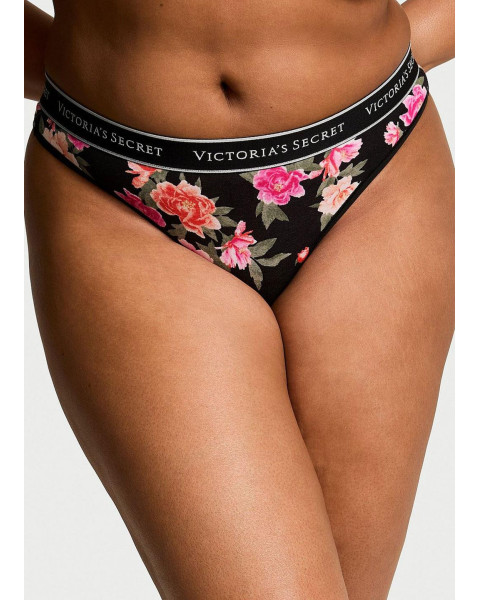 Трусики-стрінги Victoria's Secret Logo Cotton High-Leg Thong — Чорні з квітами