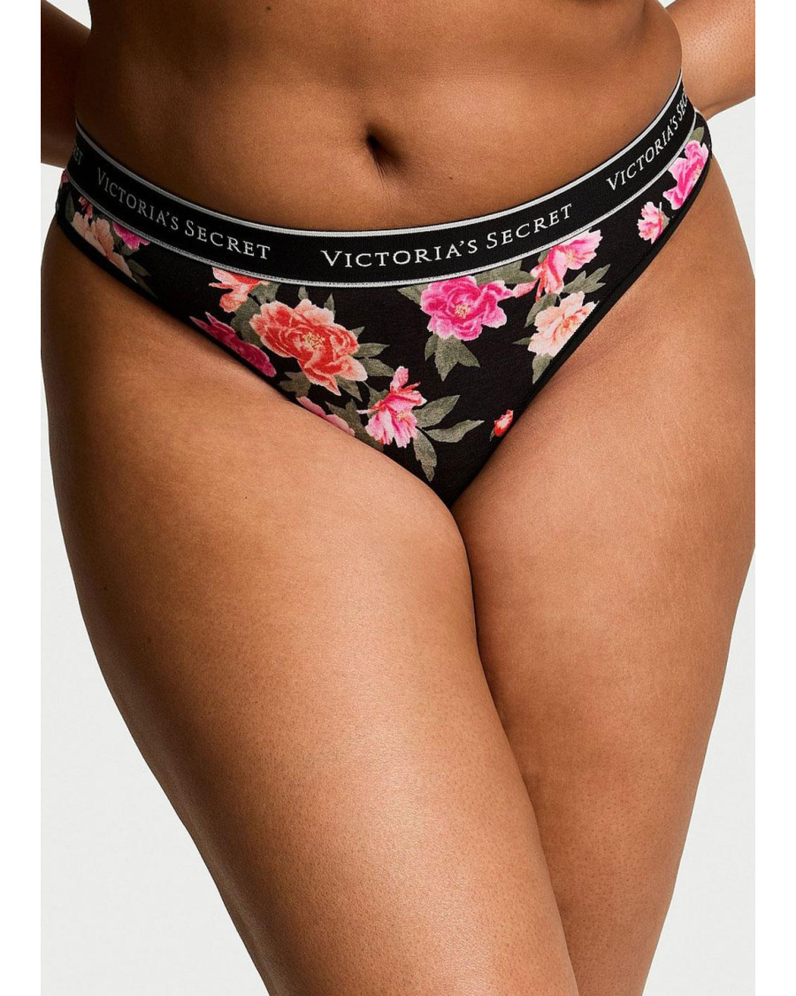 Трусики-стрінги Victoria's Secret Logo Cotton High-Leg Thong — Чорні з квітами Трусики-стрінги Victoria's Secret Logo Cotton High-Leg Thong — Чорні з квітами