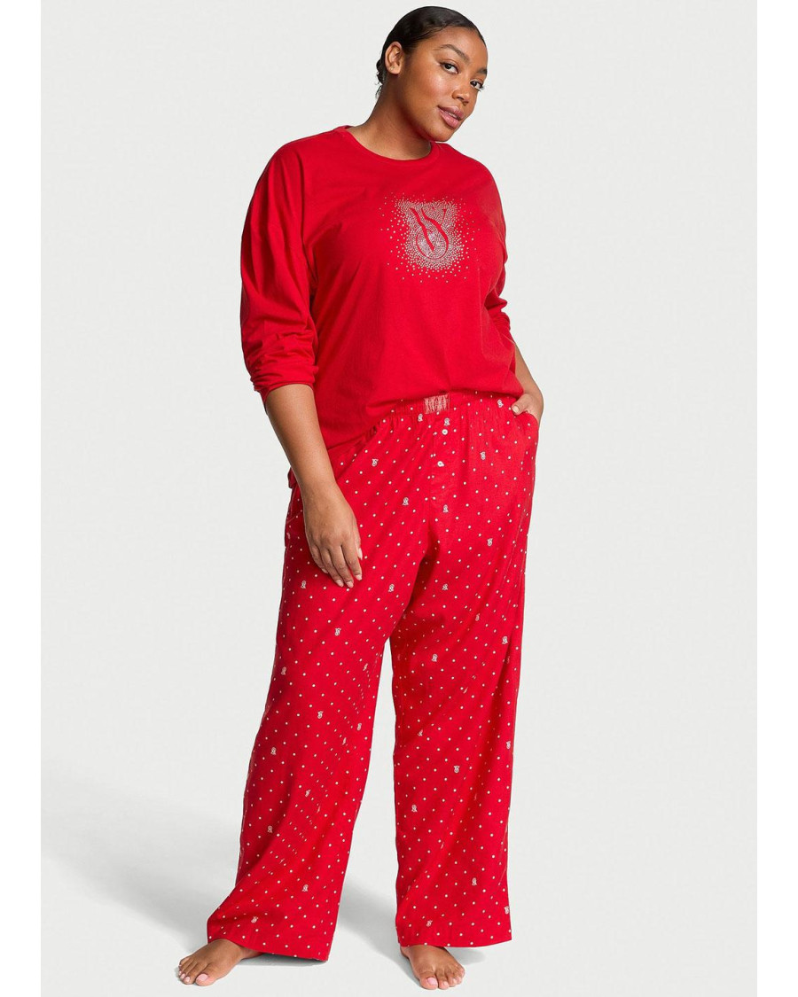 Жіноча фланелева піжама зі стразами Victoria's Secret Flannel Long-Sleeve Tee-Jama Set червона (лонгслів та штани)