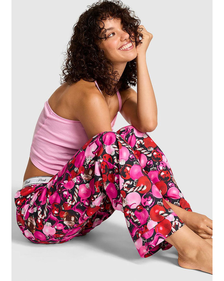 Жіночі фланелеві піжамні штани Victoria's Secret PINK Flannel Pajama Pants з новорічними іграшками, Рожеві