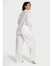Жіноча бавовняна піжама Victoria's Secret Heritage Cotton Long Pajama Set — Білий комплект із рожевим кантом