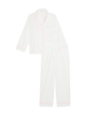Жіноча бавовняна піжама Victoria's Secret Heritage Cotton Long Pajama Set — Білий комплект із рожевим кантом