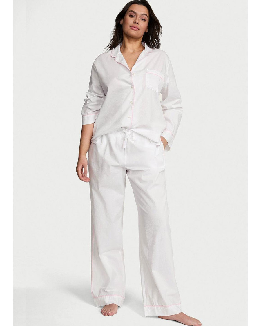 Жіноча бавовняна піжама Victoria's Secret Heritage Cotton Long Pajama Set — Білий комплект із рожевим кантом Жіноча бавовняна піжама Victoria's Secret Heritage Cotton Long Pajama Set — Білий комплект із рожевим кантом