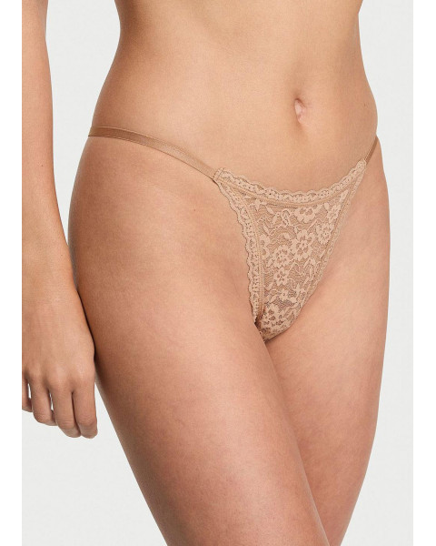 Мереживні трусики стрінги Victoria's Secret Floral Lace Thong Panty, бежеві