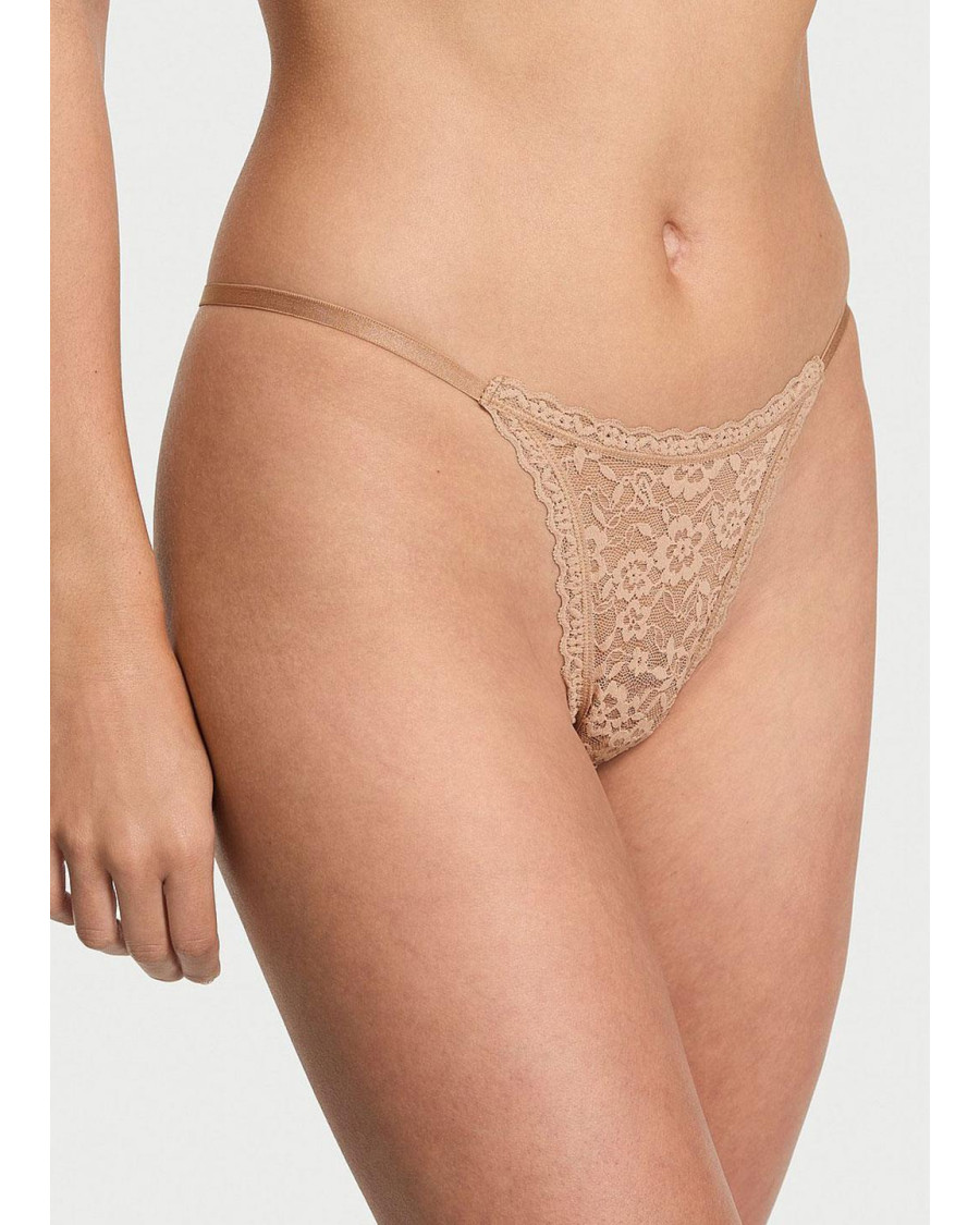 Мереживні трусики стрінги Victoria's Secret Floral Lace Thong Panty, бежеві