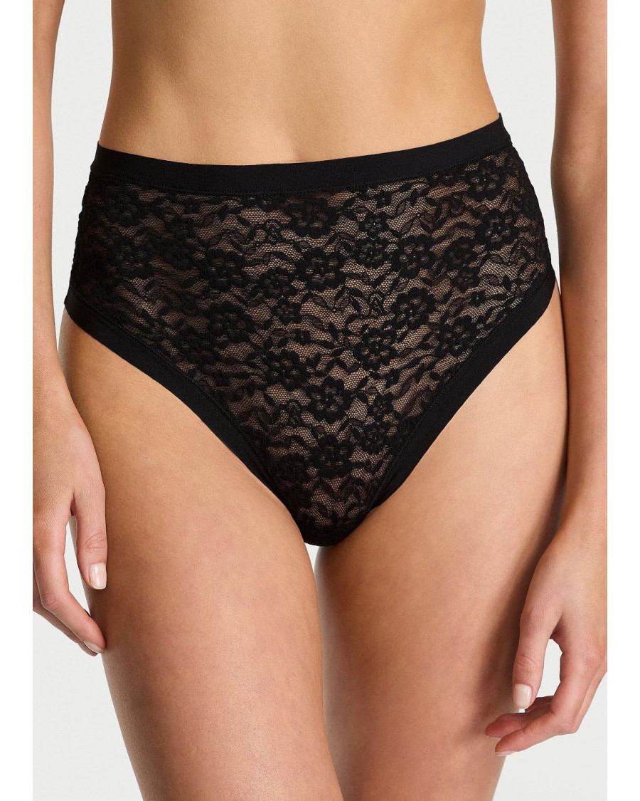 Мереживні трусики-стрінги Victoria's Secret No-Show High-Waist Lace Thong — Чорні