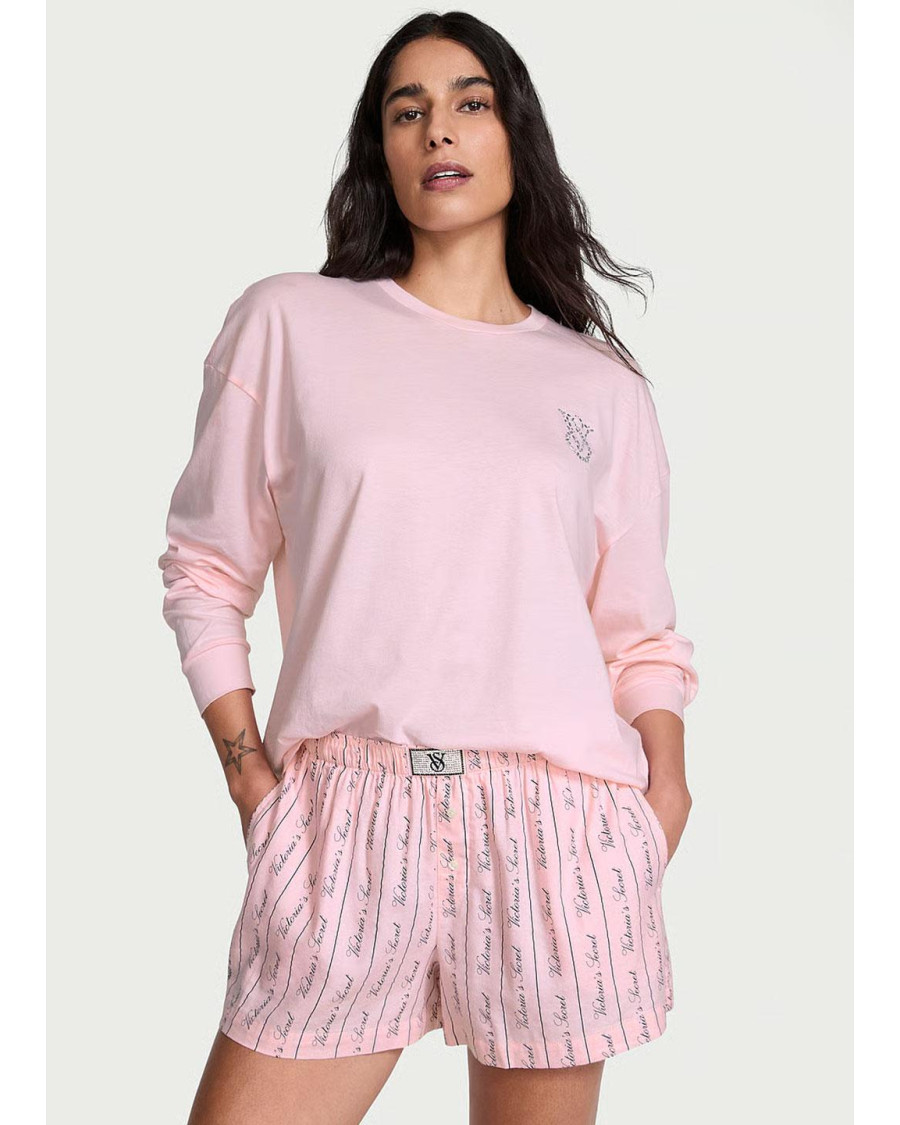 Піжама Victoria's Secret Flannel Long-Sleeve Short Tee-Jama Set: рожевий лонгслів та шорти в смужку з логотипом