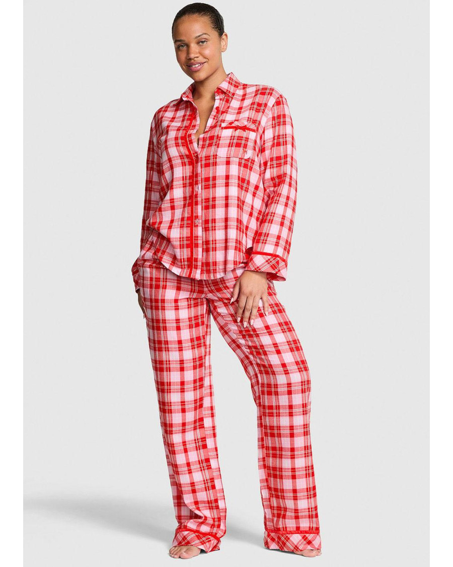 Жіноча фланелева піжама Victoria's Secret Flannel Long Pajama Set червона в клітинку (сорочка та штани)