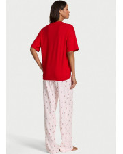 Жіноча піжама Victoria's Secret Flannel Short-Sleeve Long Tee-Jama Set (червона з рожевим)
