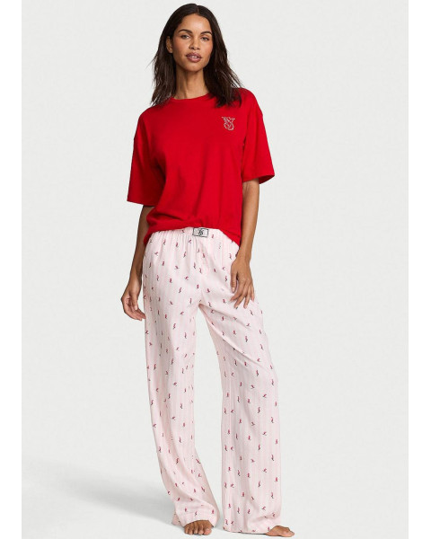 Жіноча піжама Victoria's Secret Flannel Short-Sleeve Long Tee-Jama Set (червона з рожевим)