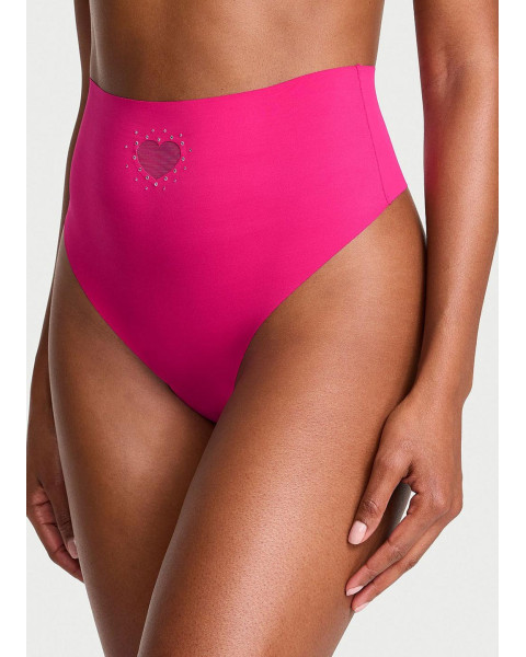 Безшовні трусики стрінги з високою посадкою Victoria's Secret No-Show Heart Cut-Out, яскраво-рожеві зі стразами
