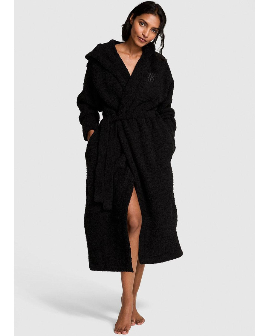 Жіночий довгий плюшевий халат Victoria's Secret Chenille Hooded Long Robe з капюшоном чорний