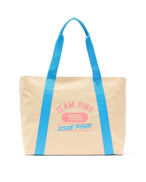 Сумка-шопер Victoria's Secret PINK Canvas Varsity Tote Bag Бежева з блакитним