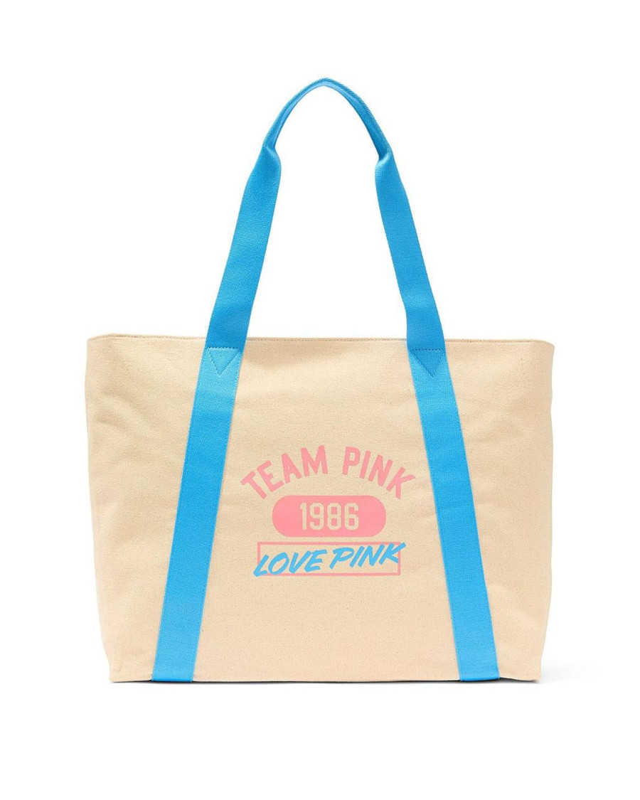 Сумка-шопер Victoria's Secret PINK Canvas Varsity Tote Bag Бежева з блакитним
