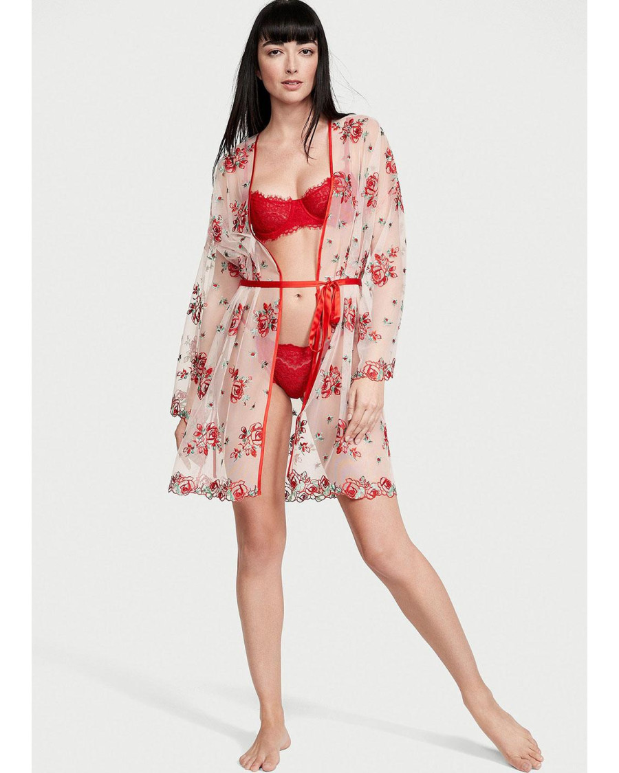 Жіночий прозорий халат сітка Victoria's Secret Floral Embroidery Sheer Mesh Robe білий з червоними трояндами Жіночий прозорий халат сітка Victoria's Secret Floral Embroidery Sheer Mesh Robe білий з червоними трояндами