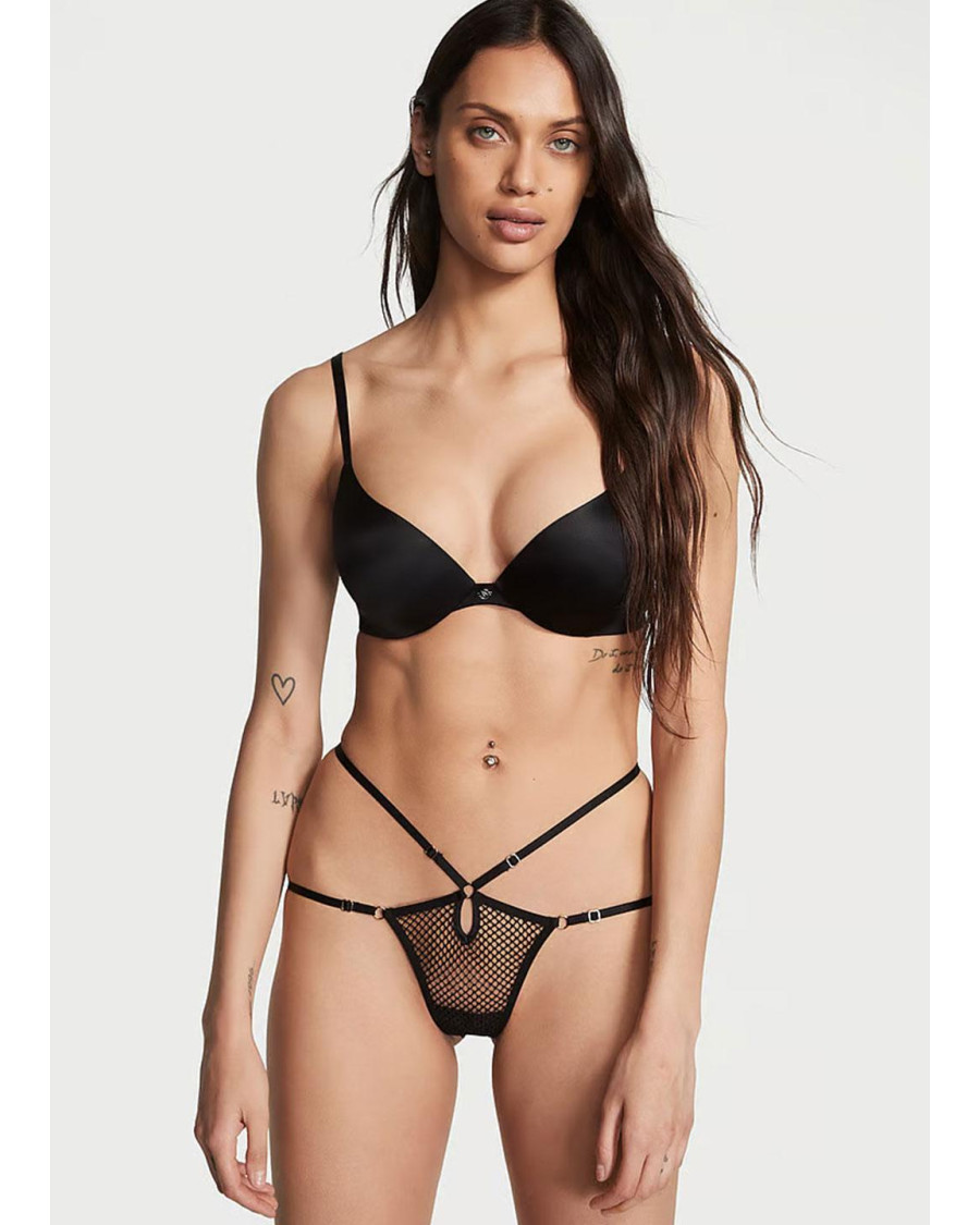 Мереживні трусики-стрінги з декоративними ремінцями Victoria's Secret — чорні