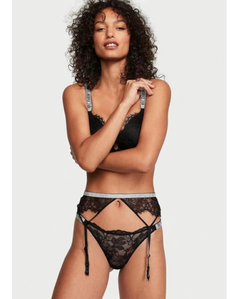 Пояс для панчох жіночий Victoria's Secret Shine Chain Strap Lace Garter Belt чорний мереживний зі стразами
